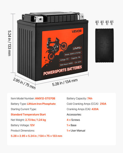 Motorcycle Battery, 12 Volt 7Ah, LiFePO4 Lithium Pre-Charged Powersports Battery, Maintenance Free & High Performance, Compatible with ATV, Motorcycle, Jet Skis, Scooter, UTV, and More