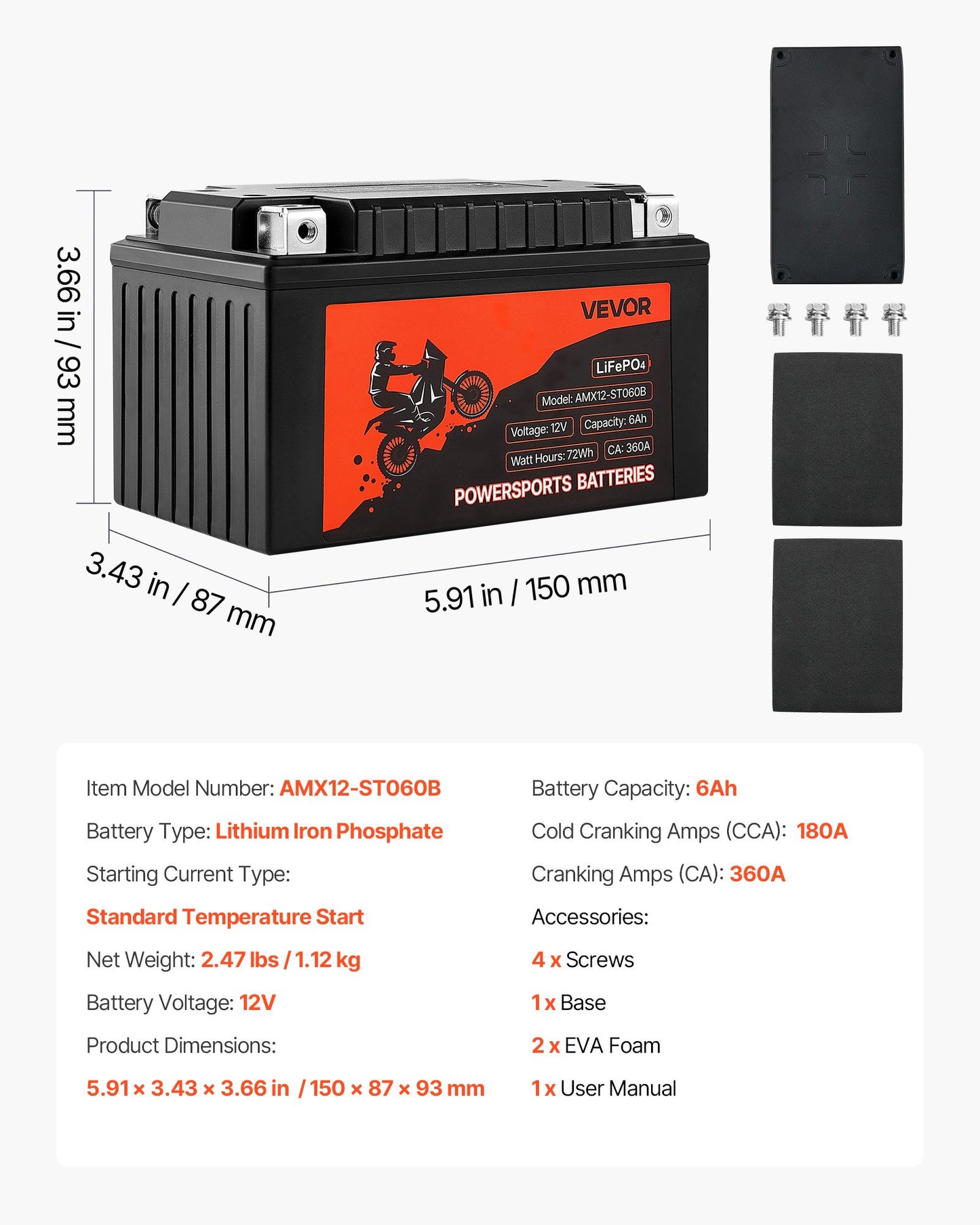 Motorcycle Battery, 12 Volt 6Ah, LiFePO4 Lithium Pre-Charged Powersports Battery, Maintenance Free & High Performance, Compatible with ATV, Motorcycle, Jet Skis, Scooter, UTV, and More
