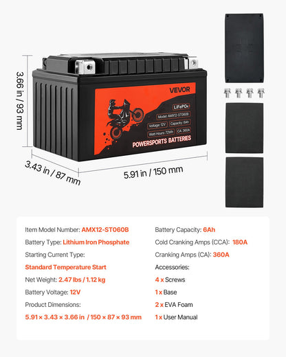 Motorcycle Battery, 12 Volt 6Ah, LiFePO4 Lithium Pre-Charged Powersports Battery, Maintenance Free & High Performance, Compatible with ATV, Motorcycle, Jet Skis, Scooter, UTV, and More