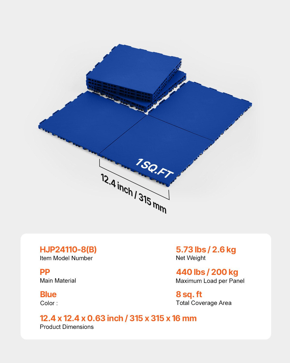 Gym Flooring Set 8 PCS Interlocking PP Puzzle Rubber Tiles Blue