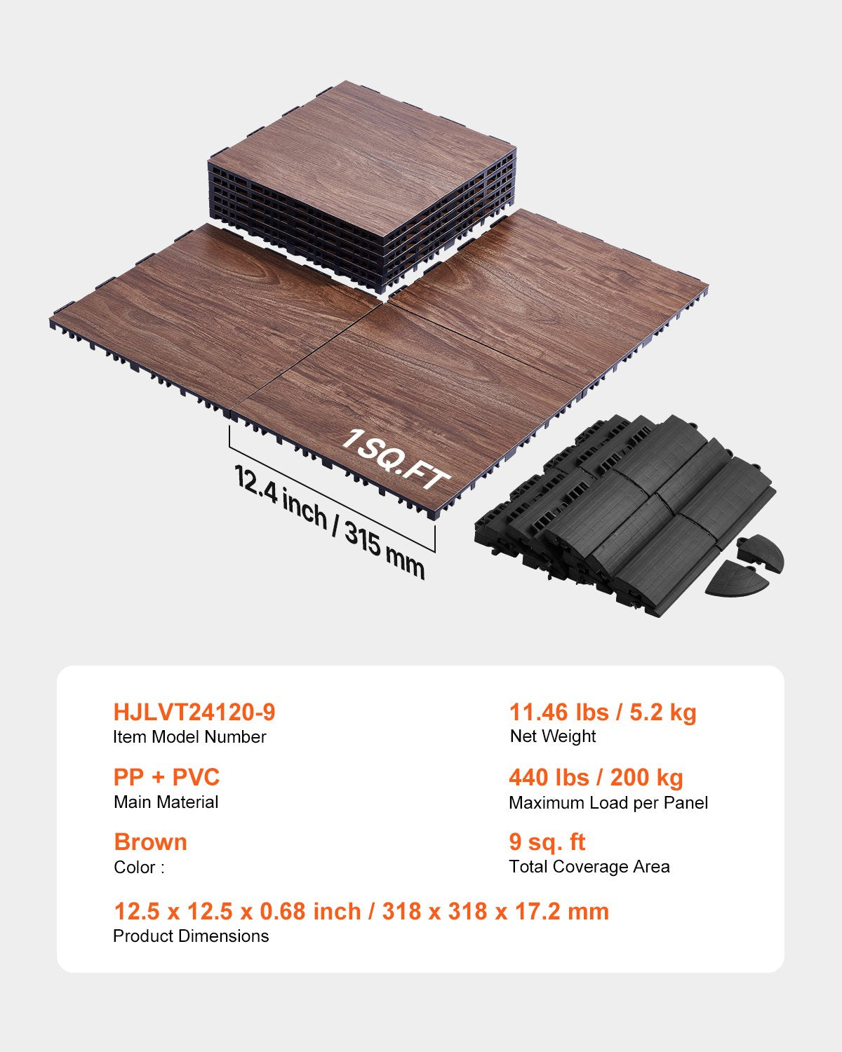 Gym Flooring Set 9 PCS Interlocking PP+PVC Puzzle Rubber Tiles