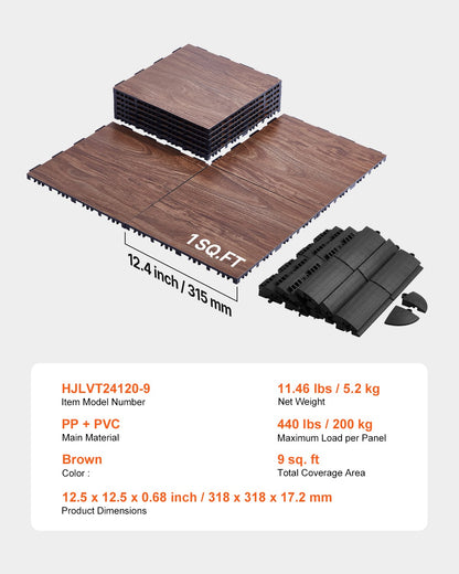 Gym Flooring Set 9 PCS Interlocking PP+PVC Puzzle Rubber Tiles