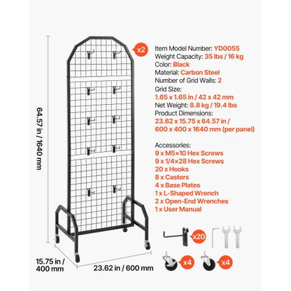 2er-Pack Wandpaneel mit Gitter 600 x 1640 mm Drahtgestell mit Rädern und Haken | EU