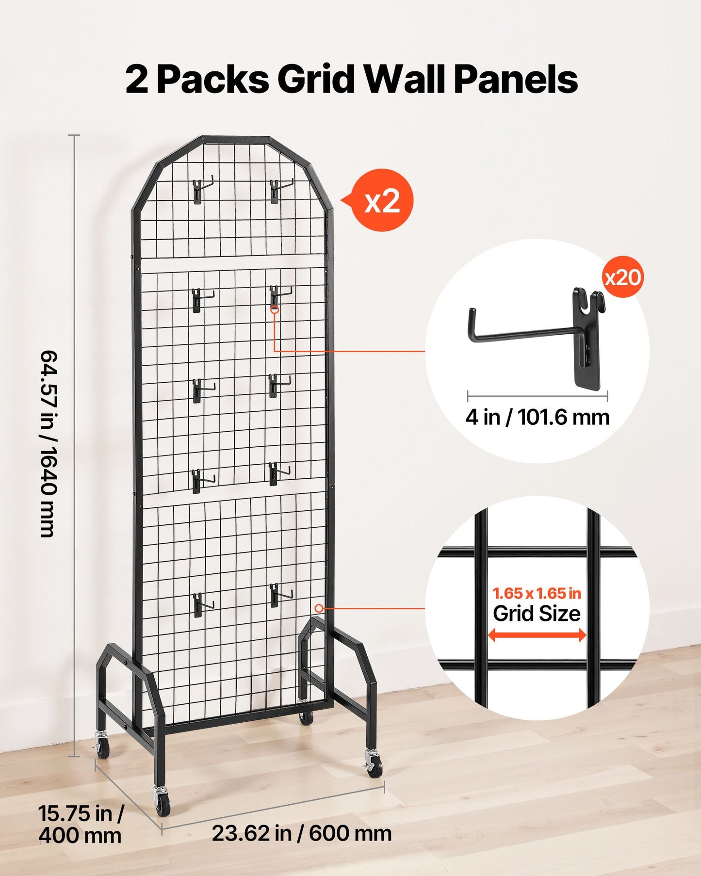 2 Packs Grid Wall Panels, 1.9 x 5.4 ft Wire Grid Panels Display Rack, Movable Art Display Shelf with Wheels and 20 Hooks, Black Carbon Steel Gridwall for Craft Show, Decor, Storage, Notice Board