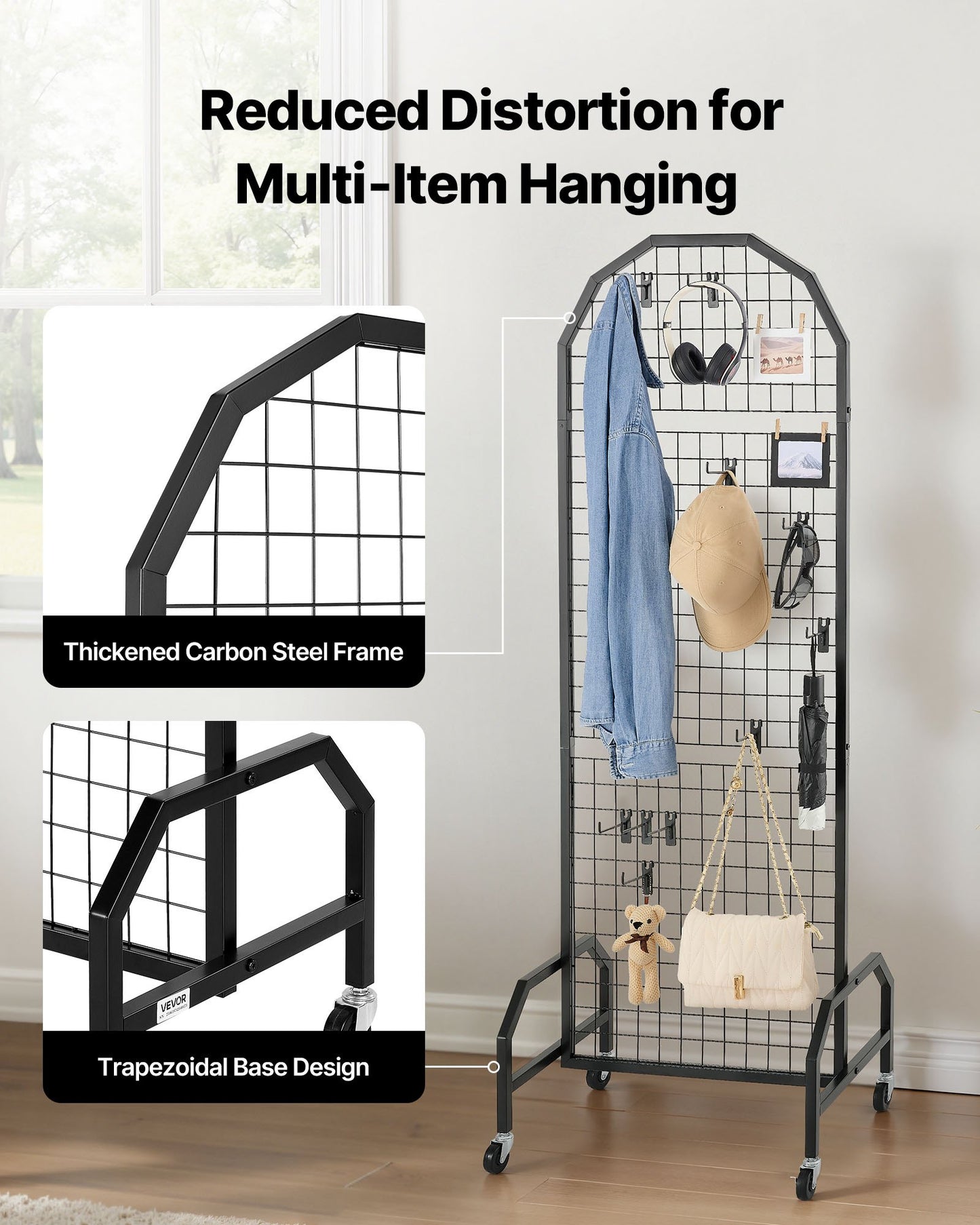 2 Packs Grid Wall Panels, 1.9 x 5.4 ft Wire Grid Panels Display Rack, Movable Art Display Shelf with Wheels and 20 Hooks, Black Carbon Steel Gridwall for Craft Show, Decor, Storage, Notice Board