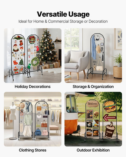 2 Packs Grid Wall Panels, 1.9 x 5.4 ft Wire Grid Panels Display Rack, Movable Art Display Shelf with Wheels and 20 Hooks, Black Carbon Steel Gridwall for Craft Show, Decor, Storage, Notice Board