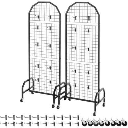 2 Packs Grid Wall Panels, 1.9 x 5.4 ft Wire Grid Panels Display Rack, Movable Art Display Shelf with Wheels and 20 Hooks, Black Carbon Steel Gridwall for Craft Show, Decor, Storage, Notice Board