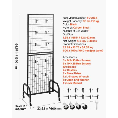 Väggpanel 600 x 1640 mm Trådställ med hjul och 10 krokar |  EU