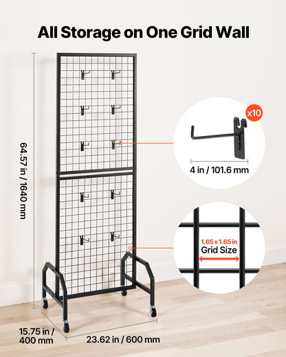 Grid Wall Panel, 1.9 x 5.4 ft Wire Grid Panels Display Rack, Movable Art Display Shelf with Wheels and 10 Hooks, Black Carbon Steel Gridwall for Craft Show, Decoration, Storage, Notice Board