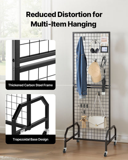 Grid Wall Panel, 1.9 x 5.4 ft Wire Grid Panels Display Rack, Movable Art Display Shelf with Wheels and 10 Hooks, Black Carbon Steel Gridwall for Craft Show, Decoration, Storage, Notice Board