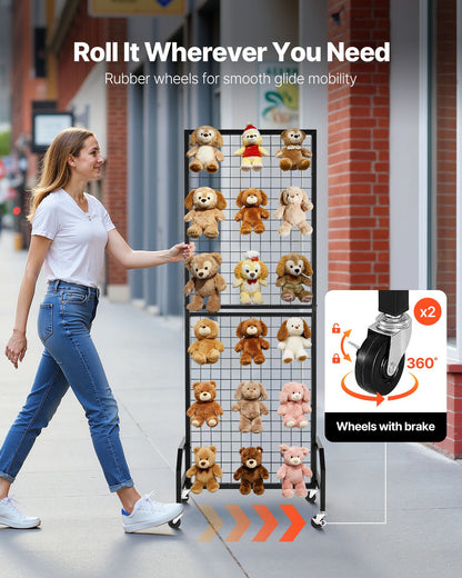 Grid Wall Panel, 1.9 x 5.4 ft Wire Grid Panels Display Rack, Movable Art Display Shelf with Wheels and 10 Hooks, Black Carbon Steel Gridwall for Craft Show, Decoration, Storage, Notice Board