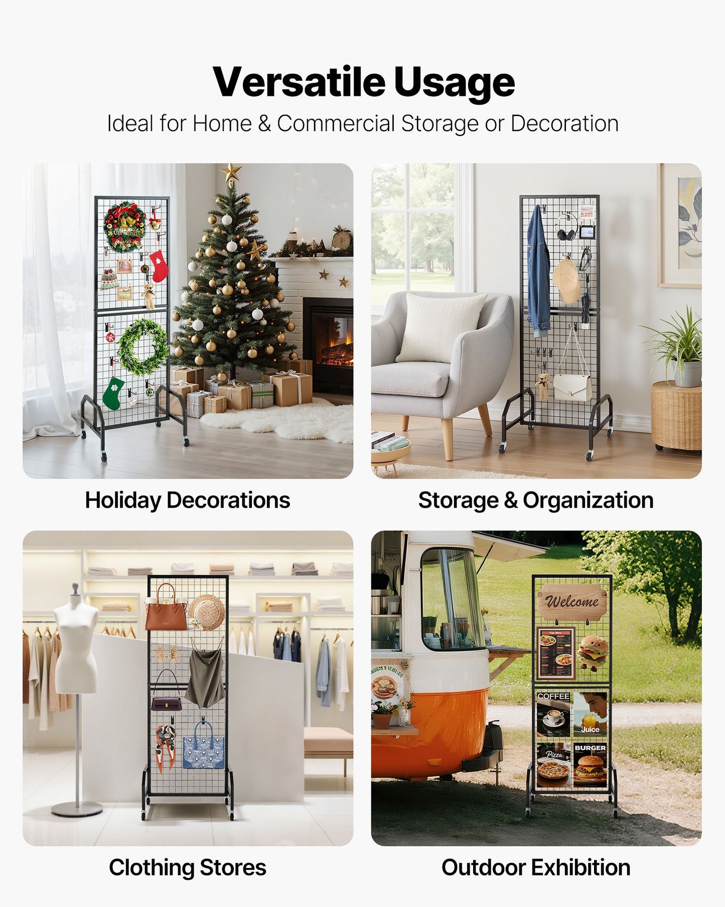 Grid Wall Panel, 1.9 x 5.4 ft Wire Grid Panels Display Rack, Movable Art Display Shelf with Wheels and 10 Hooks, Black Carbon Steel Gridwall for Craft Show, Decoration, Storage, Notice Board