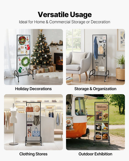 Grid Wall Panel, 1.9 x 5.4 ft Wire Grid Panels Display Rack, Movable Art Display Shelf with Wheels and 10 Hooks, Black Carbon Steel Gridwall for Craft Show, Decoration, Storage, Notice Board