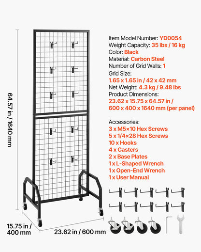 Grid Wall Panel, 1.9 x 5.4 ft Wire Grid Panels Display Rack, Movable Art Display Shelf with Wheels and 10 Hooks, Black Carbon Steel Gridwall for Craft Show, Decoration, Storage, Notice Board