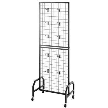 Grid Wall Panel, 1.9 x 5.4 ft Wire Grid Panels Display Rack, Movable Art Display Shelf with Wheels and 10 Hooks, Black Carbon Steel Gridwall for Craft Show, Decoration, Storage, Notice Board