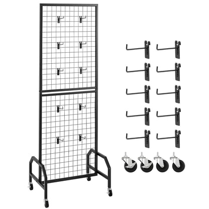Grid Wall Panel, 1.9 x 5.4 ft Wire Grid Panels Display Rack, Movable Art Display Shelf with Wheels and 10 Hooks, Black Carbon Steel Gridwall for Craft Show, Decoration, Storage, Notice Board