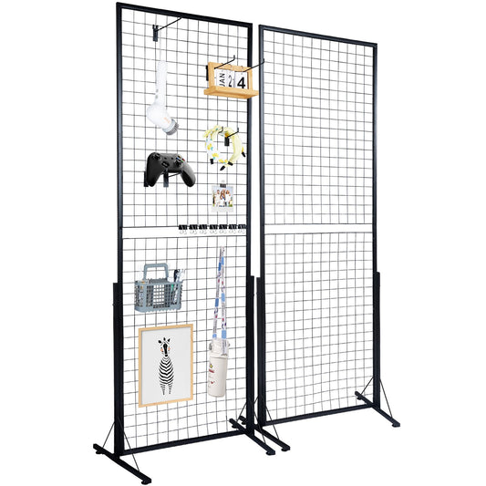 2' x 5,6' Grid Wall Panels Tower, 2-pack Wire Gridwall Display rack med T-base golvstående, dubbelsidiga Gridwall paneler för konsthantverksmässor, Retail Display med extra clips och krokar
