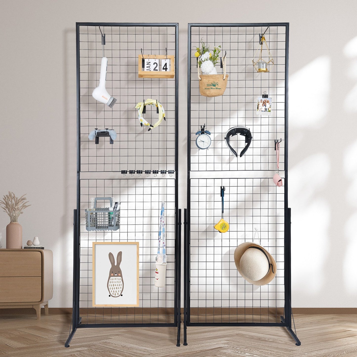 2' x 5.6' Grid Wall Panels Tower, 2 Packs Wire Gridwall Display Racks with T-Base Floorstanding, Double Side Gridwall Panels for Art Craft Shows, Retail Display with Extra Clips and Hooks