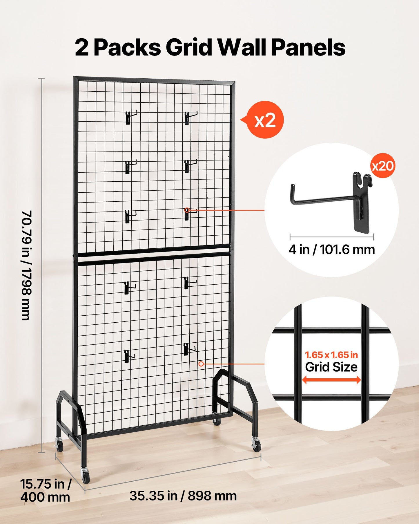 2 Packs Grid Wall Panels, 2.9 x 5.9 ft Wire Grid Panels Display Rack, Movable Art Display Shelf with Wheels and 10 Hooks, Black Carbon Steel Gridwall for Craft Show, Decor, Storage, Notice Board