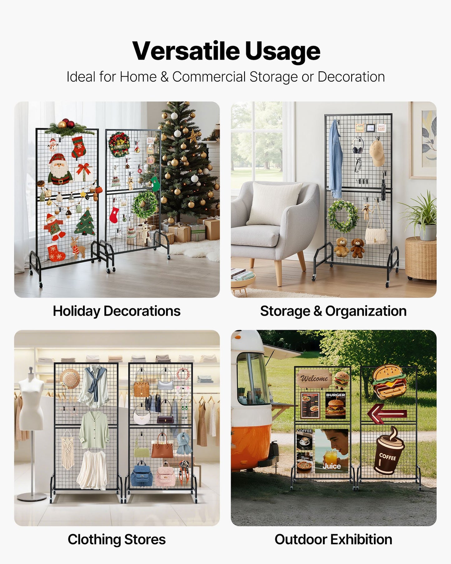 2 Packs Grid Wall Panels, 2.9 x 5.9 ft Wire Grid Panels Display Rack, Movable Art Display Shelf with Wheels and 10 Hooks, Black Carbon Steel Gridwall for Craft Show, Decor, Storage, Notice Board