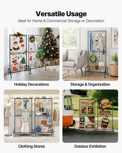 2 Packs Grid Wall Panels, 2.9 x 5.9 ft Wire Grid Panels Display Rack, Movable Art Display Shelf with Wheels and 10 Hooks, Black Carbon Steel Gridwall for Craft Show, Decor, Storage, Notice Board