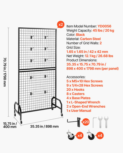 2 Packs Grid Wall Panels, 2.9 x 5.9 ft Wire Grid Panels Display Rack, Movable Art Display Shelf with Wheels and 10 Hooks, Black Carbon Steel Gridwall for Craft Show, Decor, Storage, Notice Board