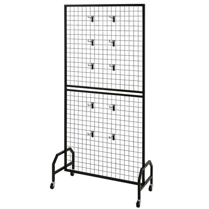 2 Packs Grid Wall Panels, 2.9 x 5.9 ft Wire Grid Panels Display Rack, Movable Art Display Shelf with Wheels and 10 Hooks, Black Carbon Steel Gridwall for Craft Show, Decor, Storage, Notice Board