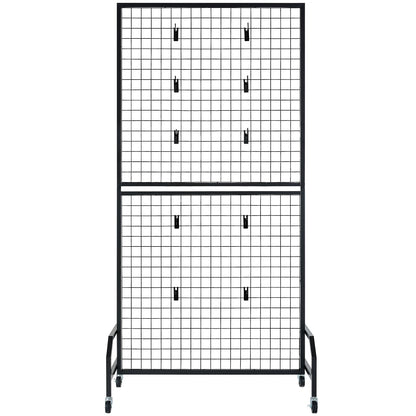 2 Packs Grid Wall Panels, 2.9 x 5.9 ft Wire Grid Panels Display Rack, Movable Art Display Shelf with Wheels and 10 Hooks, Black Carbon Steel Gridwall for Craft Show, Decor, Storage, Notice Board