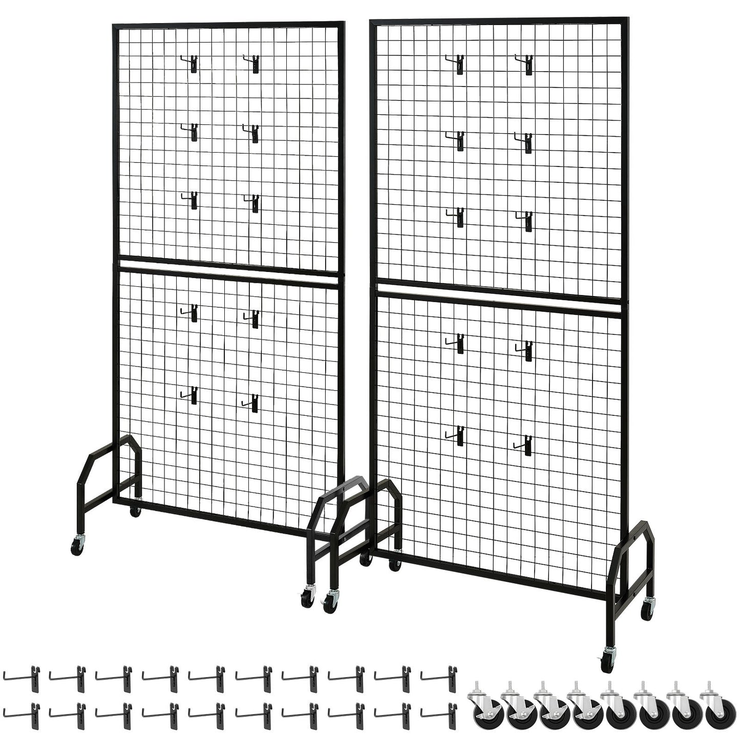 2 Packs Grid Wall Panels, 2.9 x 5.9 ft Wire Grid Panels Display Rack, Movable Art Display Shelf with Wheels and 10 Hooks, Black Carbon Steel Gridwall for Craft Show, Decor, Storage, Notice Board