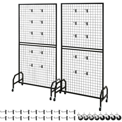 2 Packs Grid Wall Panels, 2.9 x 5.9 ft Wire Grid Panels Display Rack, Movable Art Display Shelf with Wheels and 10 Hooks, Black Carbon Steel Gridwall for Craft Show, Decor, Storage, Notice Board