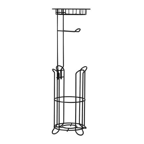 Free Standing Toilet Paper Holder with Shelf, 3-in-1 Premium Metal Material, Store Up to 4 Mega Rolls, Elevated Base Design, Tissue Roll Storage Rack for Bathroom, Washroom, Matte Black