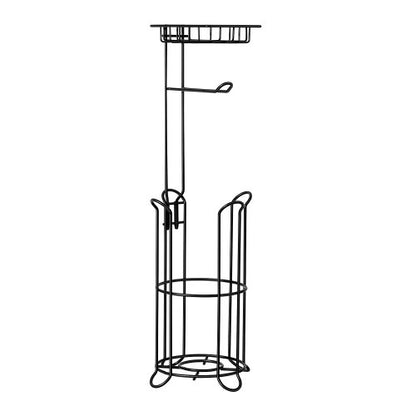 Free Standing Toilet Paper Holder with Shelf, 3-in-1 Premium Metal Material, Store Up to 4 Mega Rolls, Elevated Base Design, Tissue Roll Storage Rack for Bathroom, Washroom, Matte Black