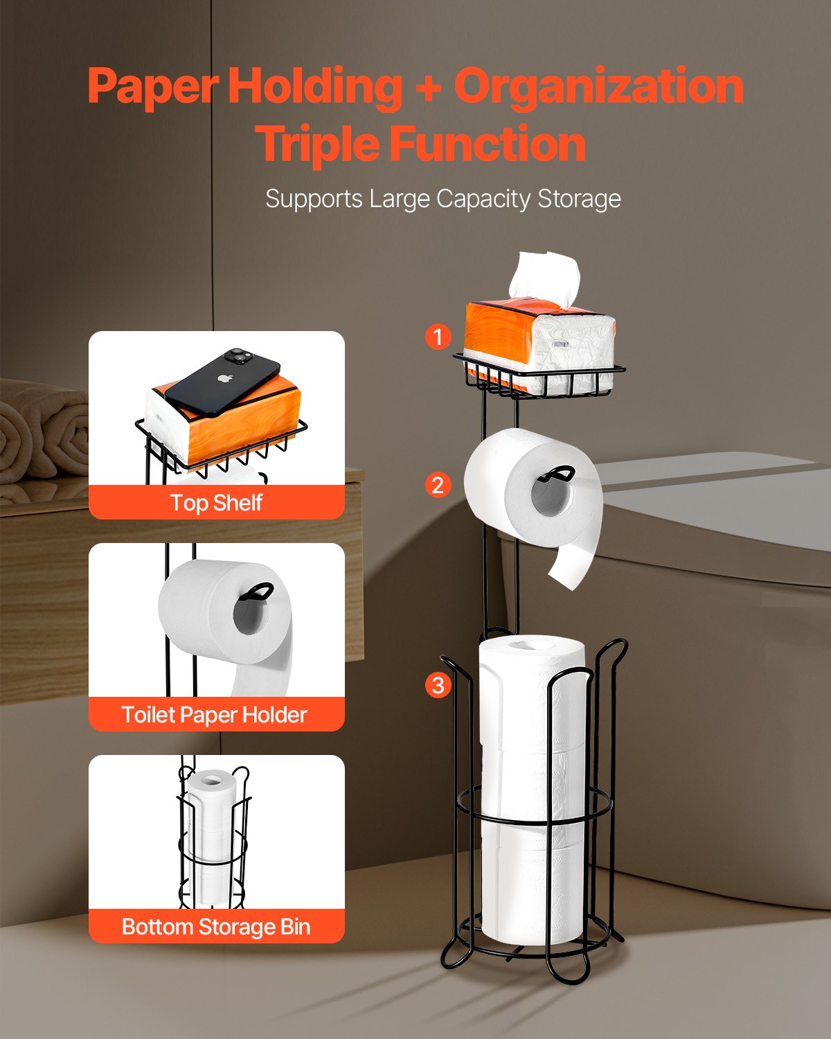 Free Standing Toilet Paper Holder with Shelf, 3-in-1 Premium Metal Material, Store Up to 4 Mega Rolls, Elevated Base Design, Tissue Roll Storage Rack for Bathroom, Washroom, Matte Black