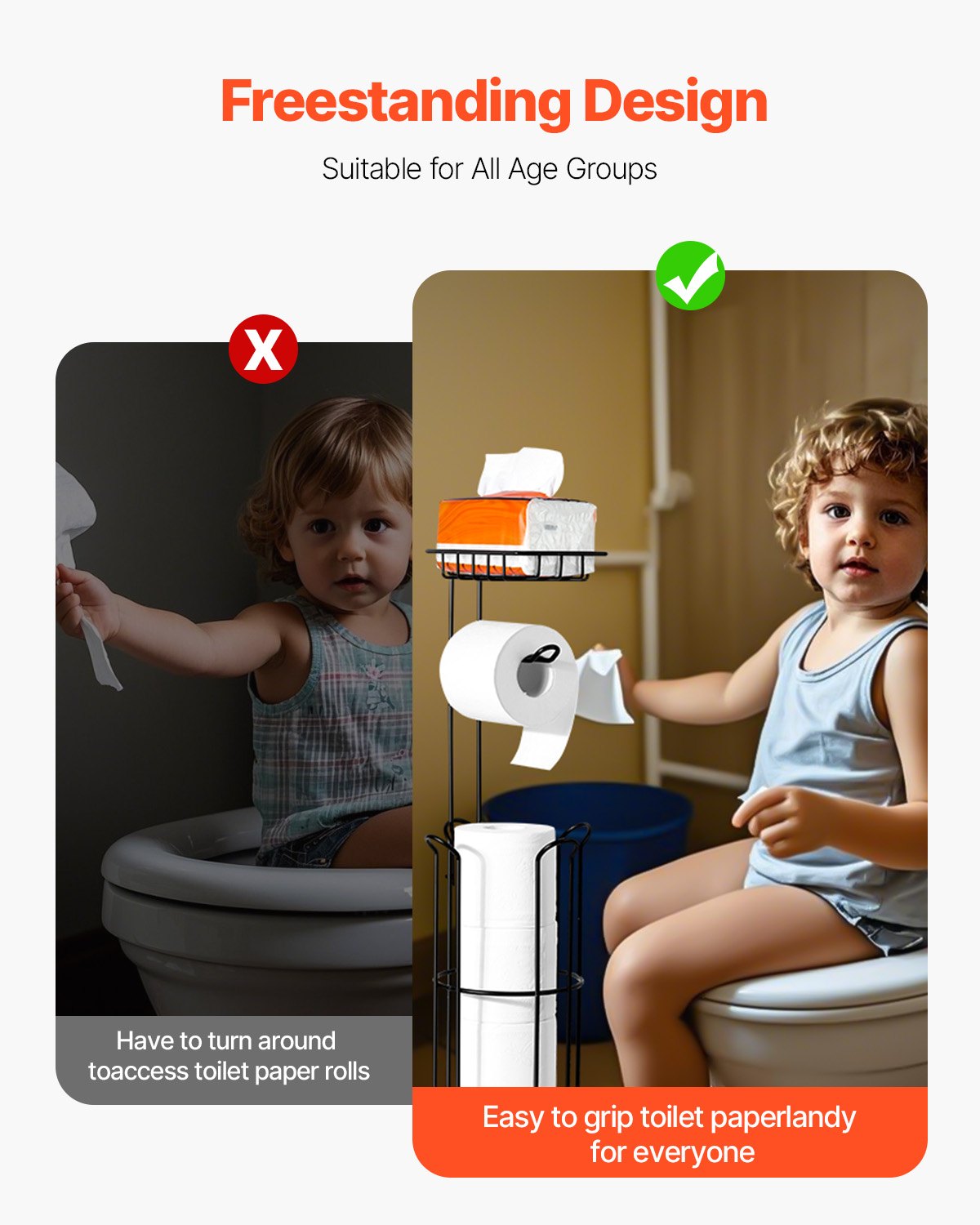 Free Standing Toilet Paper Holder with Shelf, 3-in-1 Premium Metal Material, Store Up to 4 Mega Rolls, Elevated Base Design, Tissue Roll Storage Rack for Bathroom, Washroom, Matte Black