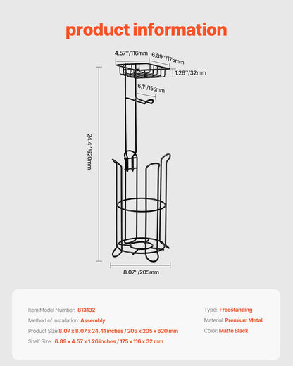 Free Standing Toilet Paper Holder with Shelf, 3-in-1 Premium Metal Material, Store Up to 4 Mega Rolls, Elevated Base Design, Tissue Roll Storage Rack for Bathroom, Washroom, Matte Black