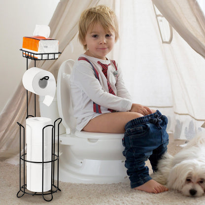 Free Standing Toilet Paper Holder with Shelf, 3-in-1 Premium Metal Material, Store Up to 4 Mega Rolls, Elevated Base Design, Tissue Roll Storage Rack for Bathroom, Washroom, Matte Black