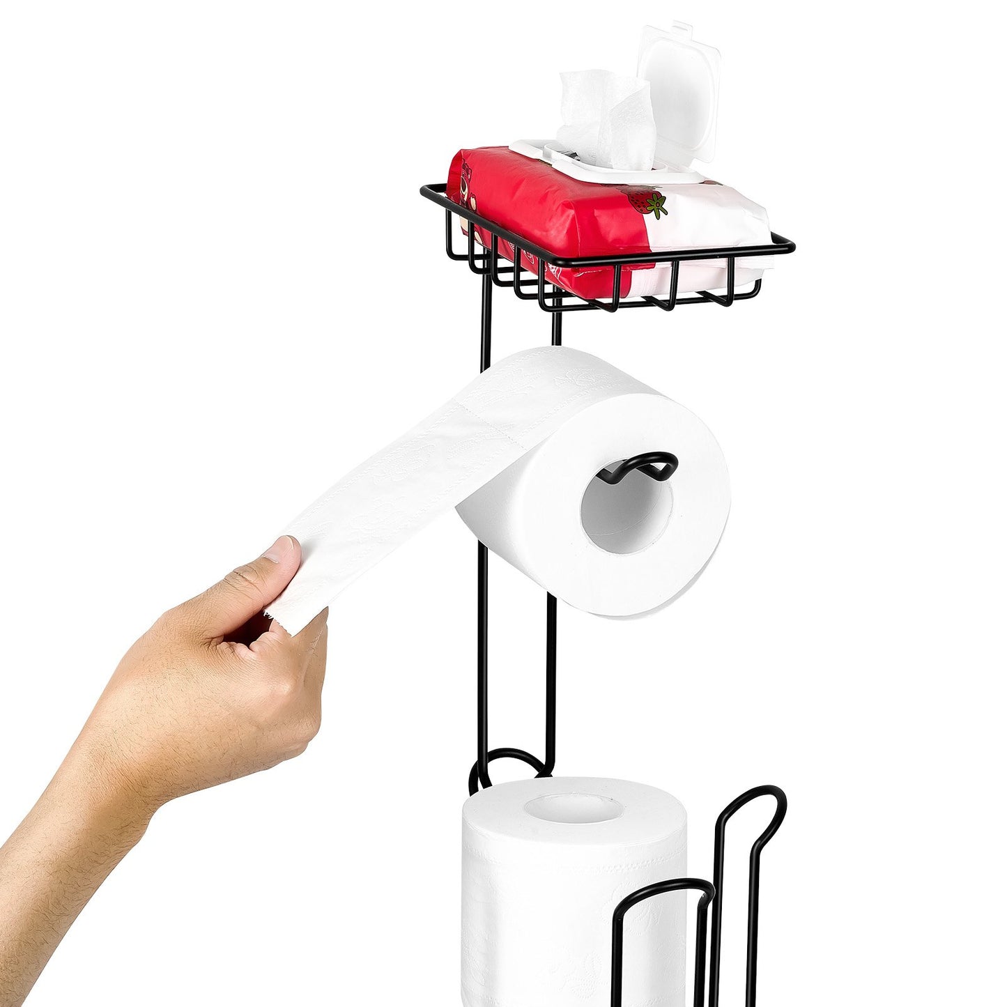 Free Standing Toilet Paper Holder with Shelf, 3-in-1 Premium Metal Material, Store Up to 4 Mega Rolls, Elevated Base Design, Tissue Roll Storage Rack for Bathroom, Washroom, Matte Black