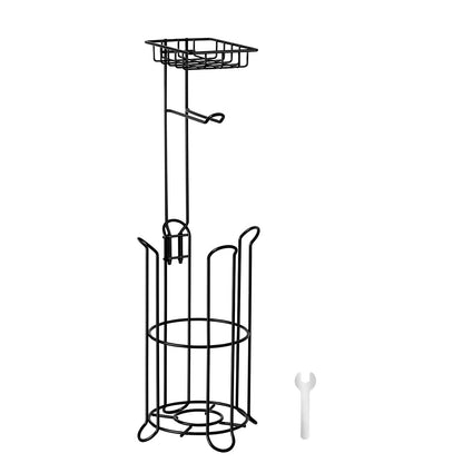 Free Standing Toilet Paper Holder with Shelf, 3-in-1 Premium Metal Material, Store Up to 4 Mega Rolls, Elevated Base Design, Tissue Roll Storage Rack for Bathroom, Washroom, Matte Black