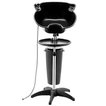 Portable Shampoo Bowl, Deep Shampoo Sink with Adjustable Height & Angle, Washing Hair Station Includes Drain Hose, Shower Head and Bucket, Salon Sink for Home & Barber Use, Black