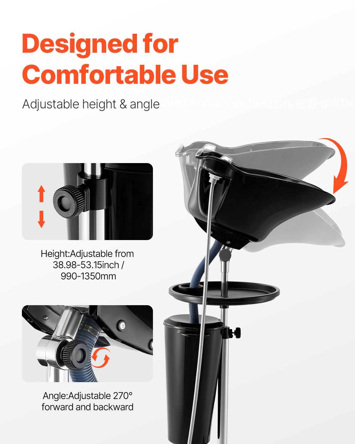 Portable Shampoo Bowl, Deep Shampoo Sink with Adjustable Height & Angle, Washing Hair Station Includes Drain Hose, Shower Head and Bucket, Salon Sink for Home & Barber Use, Black