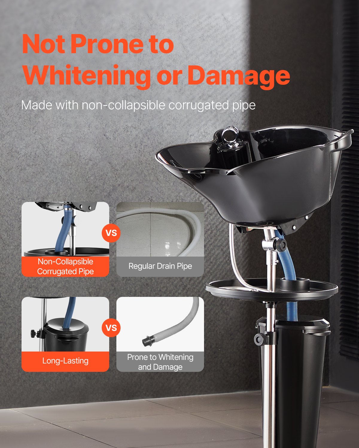 Portable Shampoo Bowl, Deep Shampoo Sink with Adjustable Height & Angle, Washing Hair Station Includes Drain Hose, Shower Head and Bucket, Salon Sink for Home & Barber Use, Black