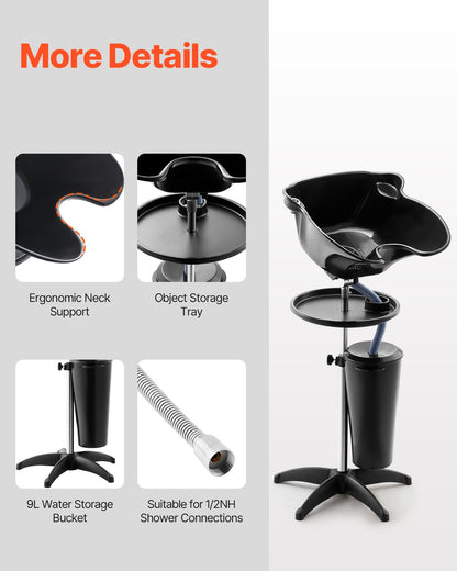 Portable Shampoo Bowl, Deep Shampoo Sink with Adjustable Height & Angle, Washing Hair Station Includes Drain Hose, Shower Head and Bucket, Salon Sink for Home & Barber Use, Black