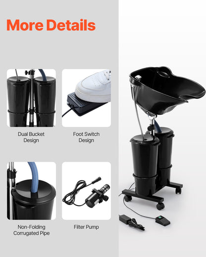 Portabel schamposkål med avloppsslang 2 hinkar Justerbar höjd Salongsvask