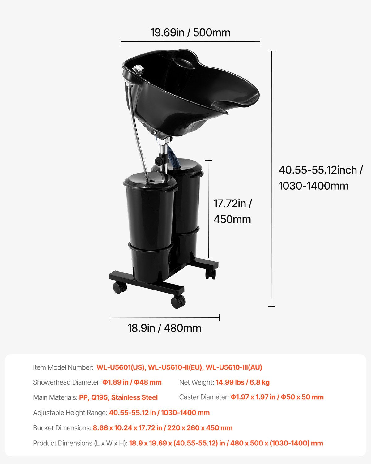 Portabel schamposkål med avloppsslang 2 hinkar Justerbar höjd Salongsvask