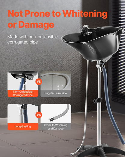 Portable Shampoo Bowl, Deep Shampoo Sink with Adjustable Height & Angle, Includes Drain Hose, Shower Head, Lightweight Hair Wash Basin for Barber Salon Spa Center & Home Use, Black