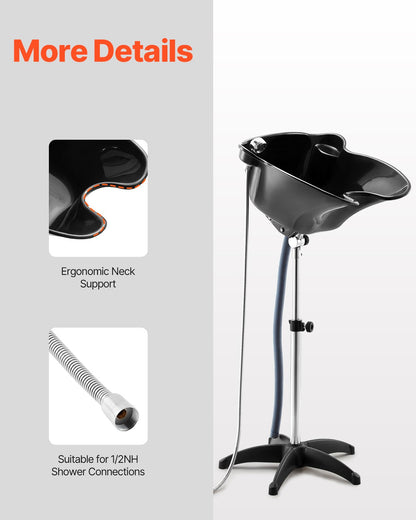 Portable Shampoo Bowl, Deep Shampoo Sink with Adjustable Height & Angle, Includes Drain Hose, Shower Head, Lightweight Hair Wash Basin for Barber Salon Spa Center & Home Use, Black