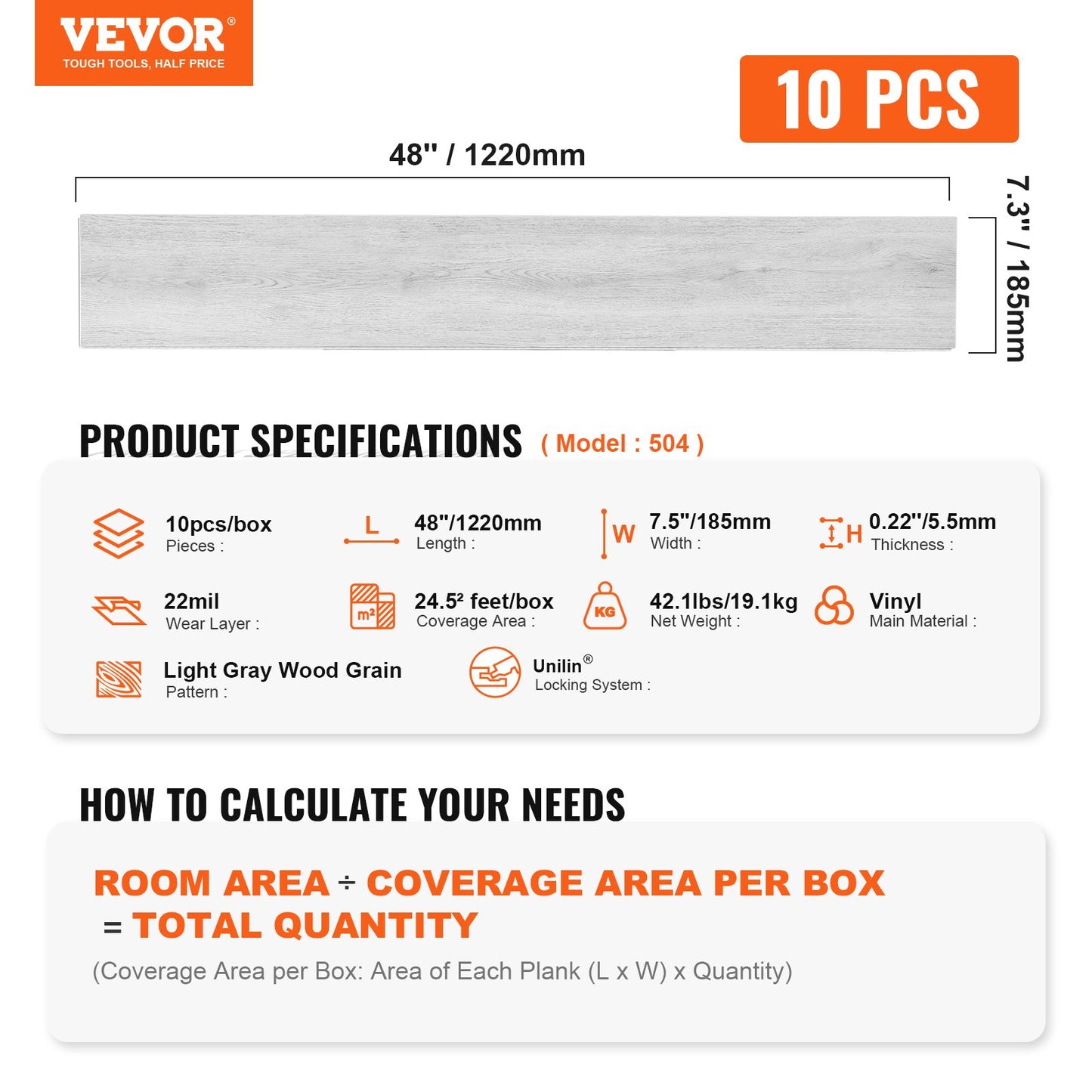 Sammankopplade vinylgolvplattor 1220 X 185 mm, 10 plattor 5,5 mm tjocka Snap Together, Ljusgrå träfibrer DIY-golv för kök, matsal, sovrum och badrum, lätt för heminredning