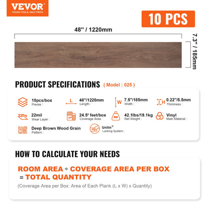 Ineinander greifende Vinyl-Bodenfliesen 1220 x 185 mm, 10 Fliesen 5,5 mm dick zum Zusammenstecken, tiefbraune Holzmaserung, DIY-Bodenbelag für Küche, Esszimmer, Schlafzimmer und Badezimmer, einfach für die Inneneinrichtung