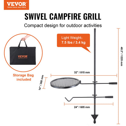 Swivel Campfire Grill Heavy Duty Steel Open Fire Matlagningsgaller Justerbar