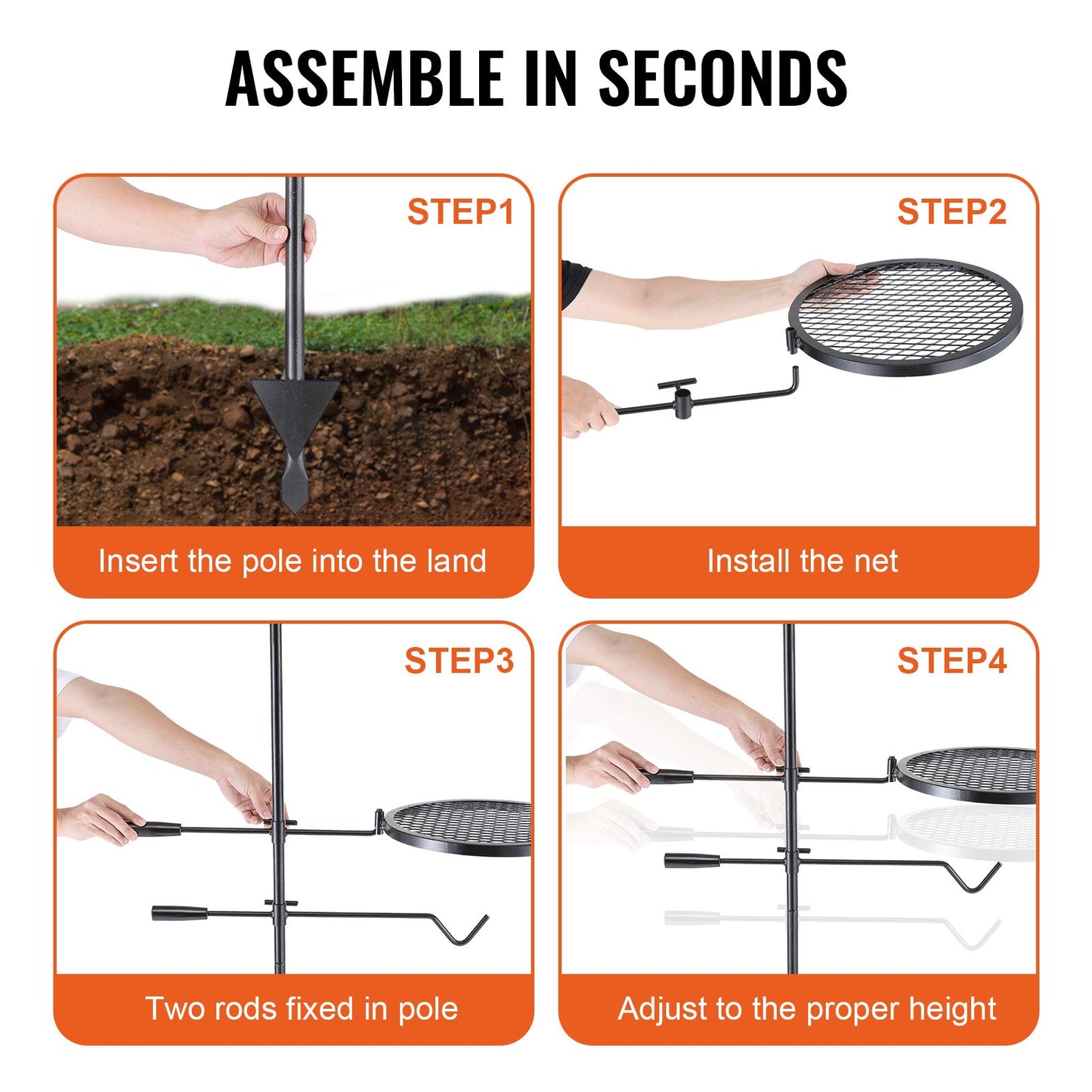 Swivel Campfire Grill Heavy Duty Steel Open Fire Matlagningsgaller Justerbar